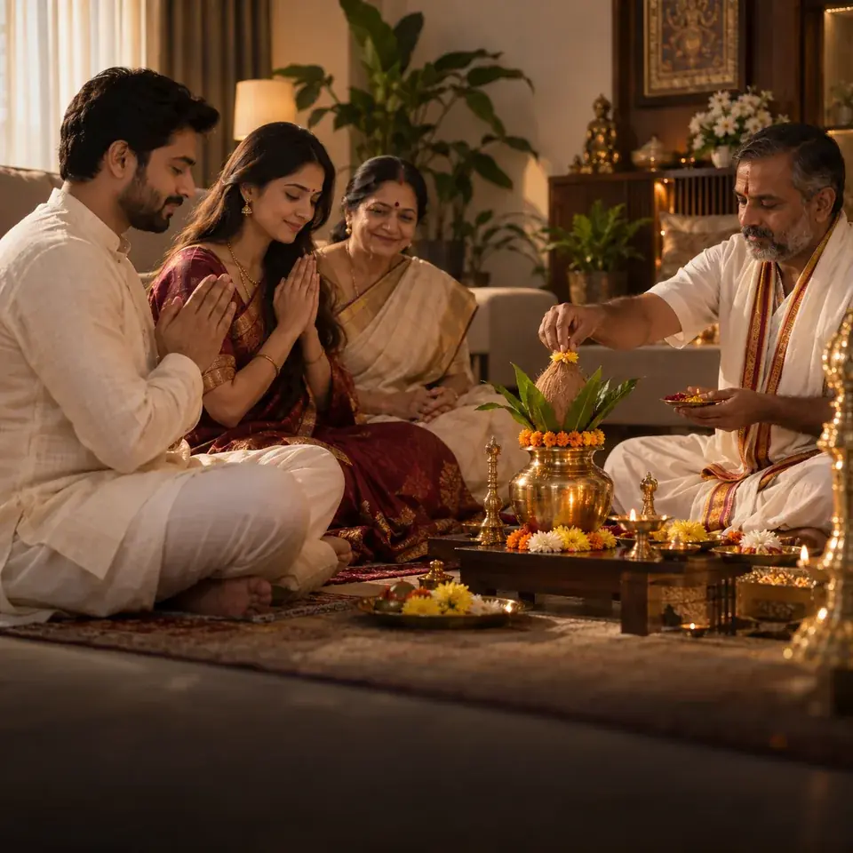 A family pooja at home, led by a priest